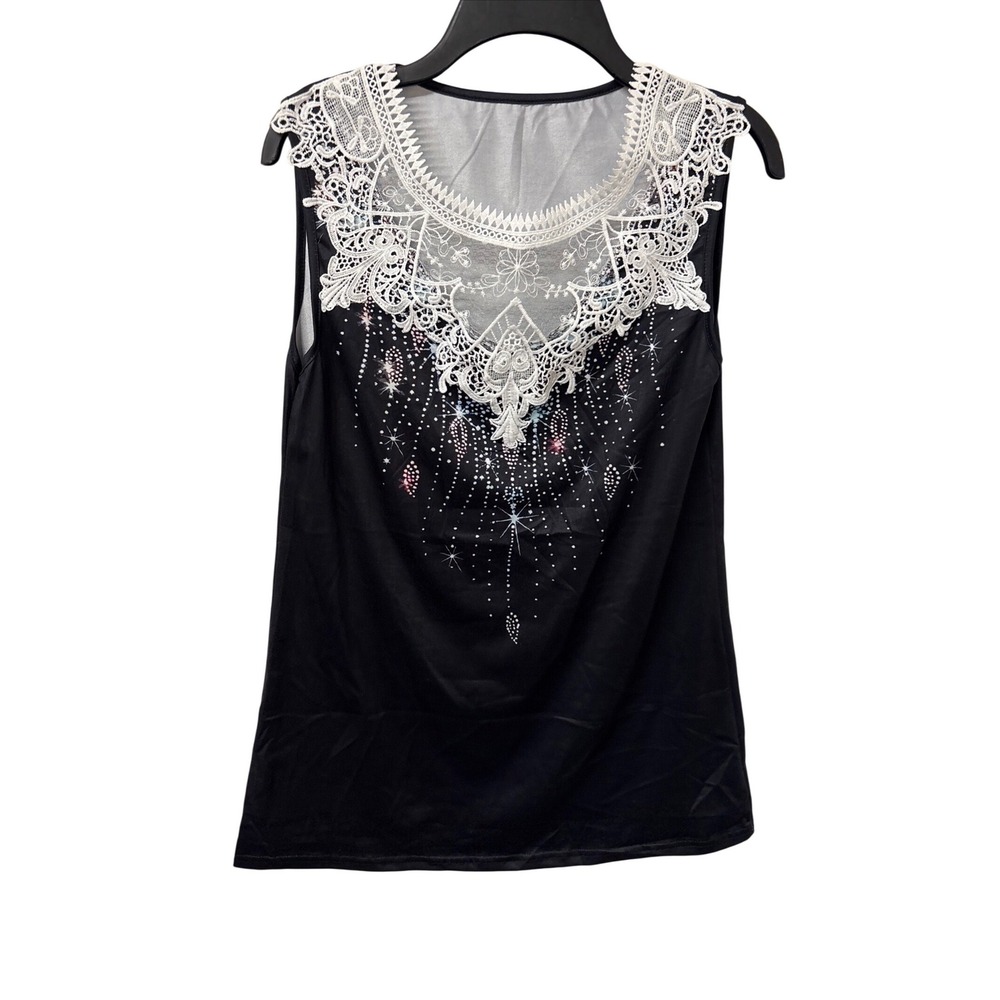 Whimsigoth Celestial Lace Inset Juniors Black Sleeveless Top Starburst Graphic